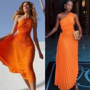 A.LC. Delfina One Shoulder Pleated Cut Out Asymmetrical Hem Midi Dress 0